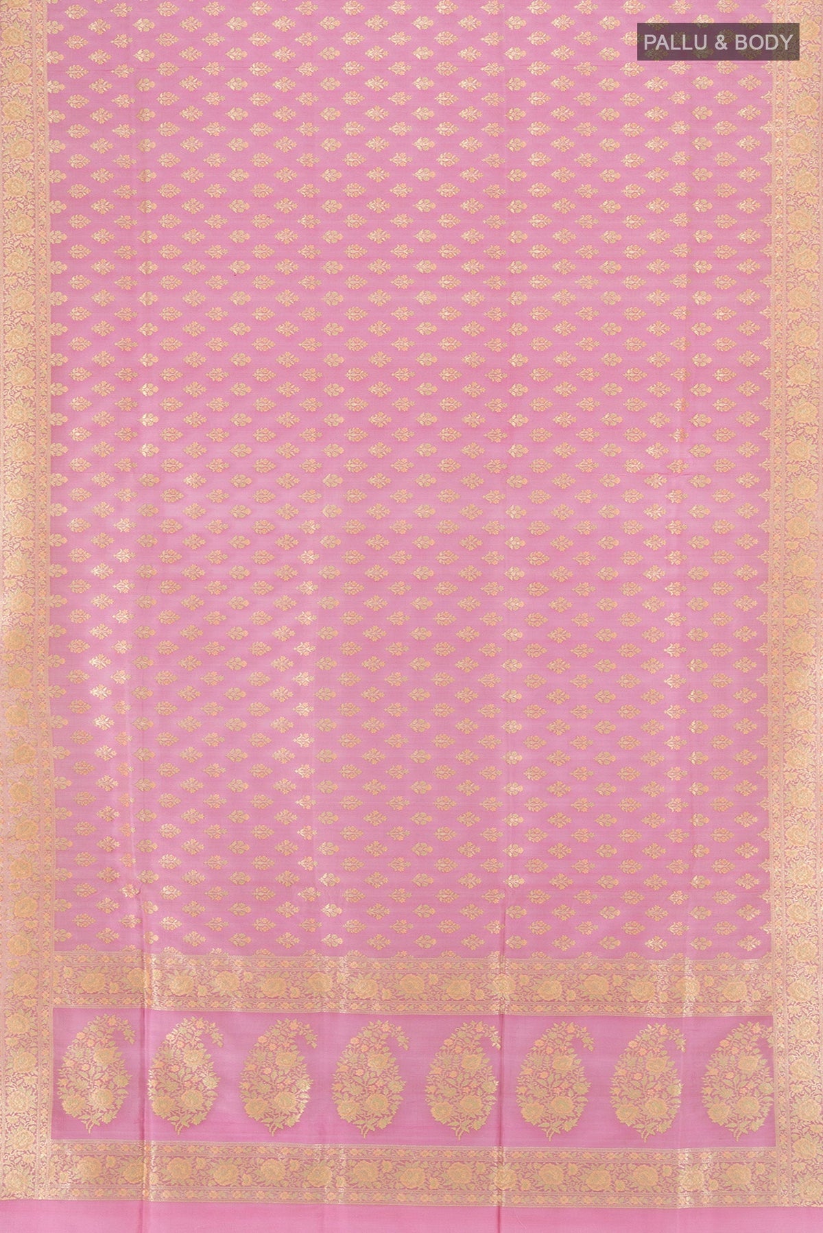 Flat view of Rose Gold Banarasi Silk Saree with Zari Butta on the body and Silk Border. 