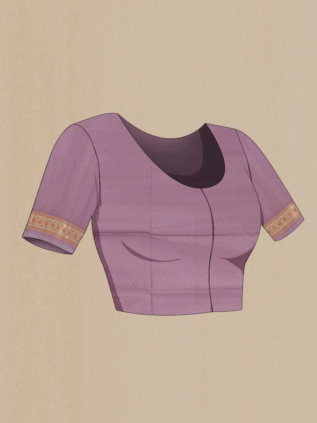 Close up image of the blouse of Lavender Banarasi Silk Saree with Thread Butta on the body and Zari Border. 