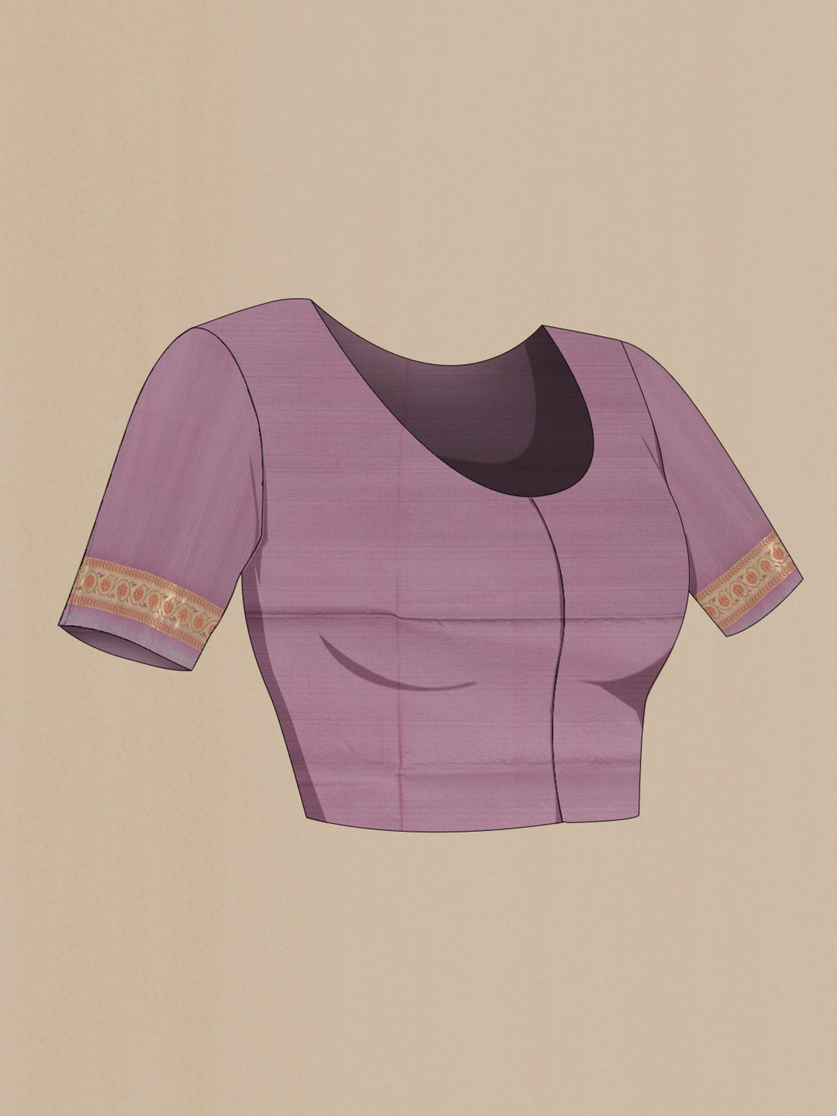 Close up image of the blouse of Lavender Banarasi Silk Saree with Thread Butta on the body and Zari Border. 