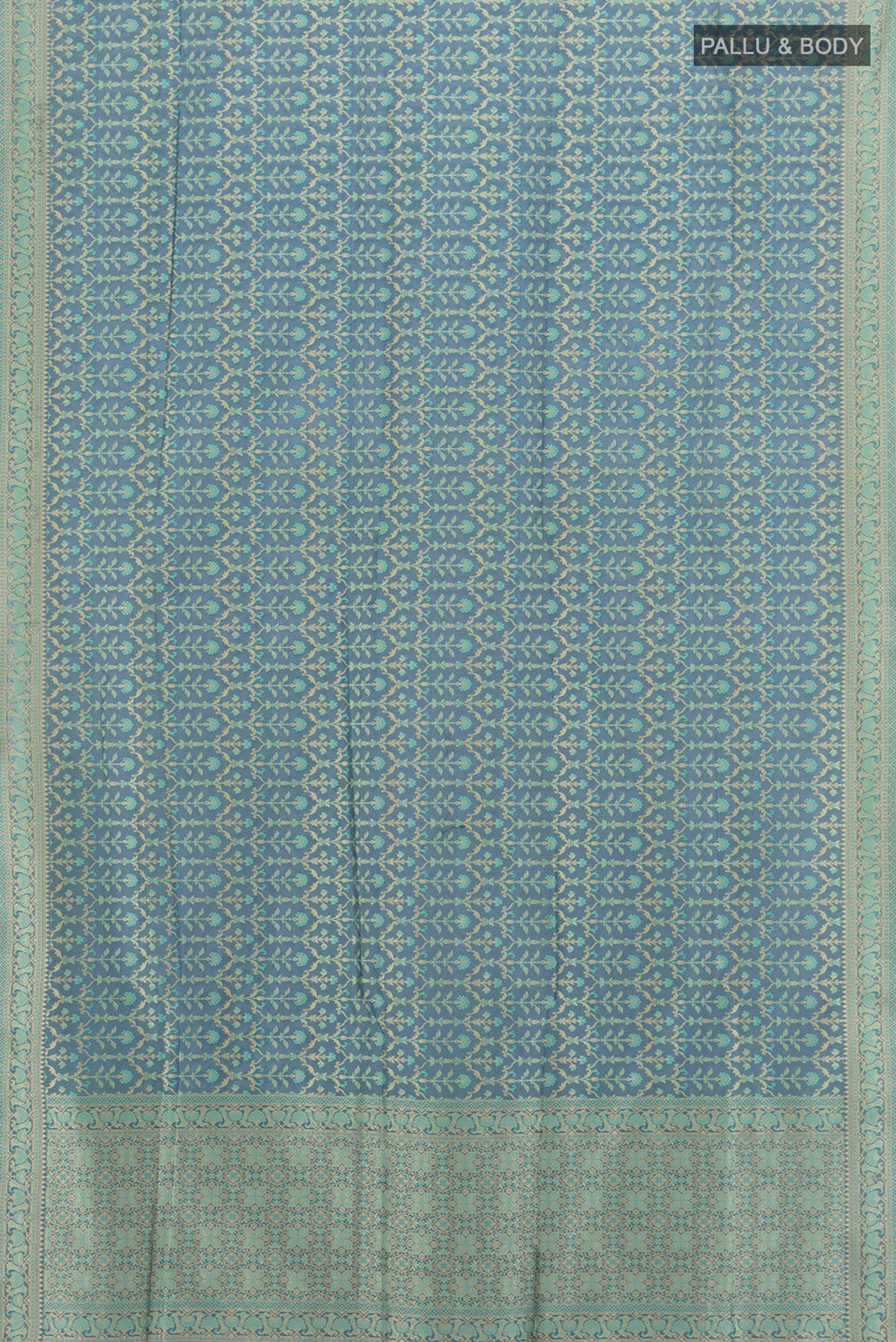 Flat view of Davys Grey Banarasi Silk Saree with Zari And Thread Butta on the body and Zari Border. 