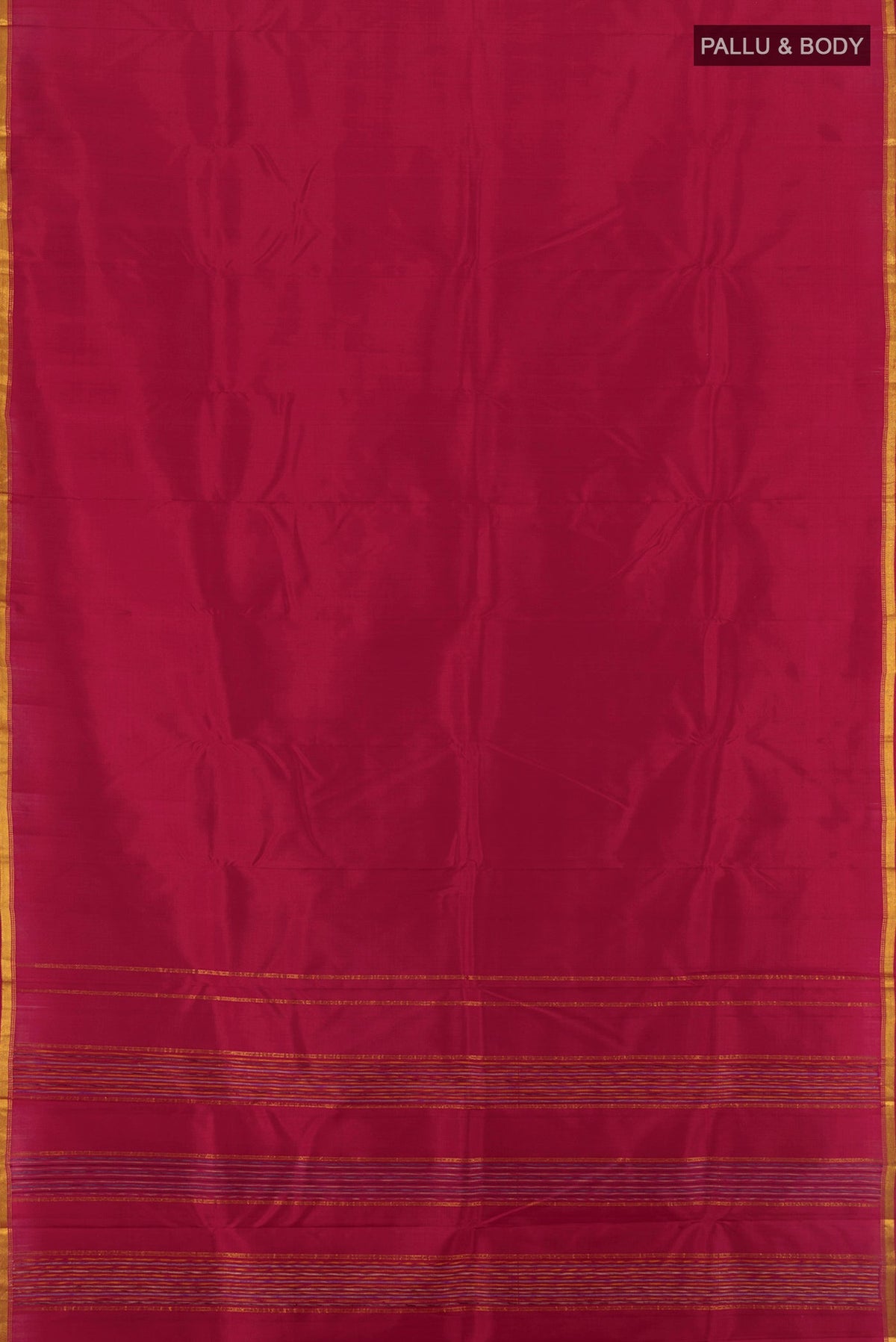Flat view of Maroon Kanchipuram Silk Saree with Plain Body and Zari Border. 