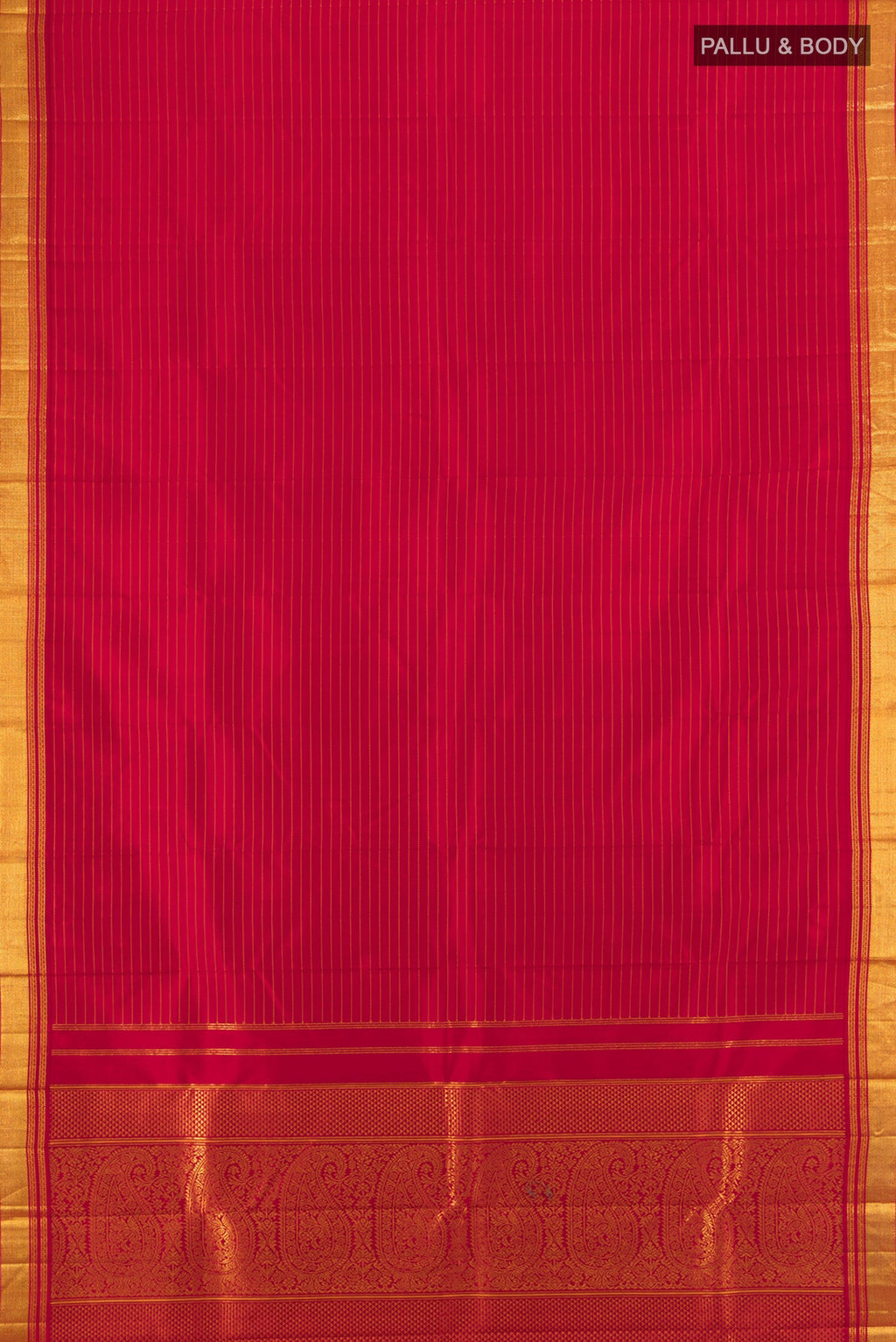 Flat view of Deep Red Kanjivaram Silk Saree with Stripes on the body and Zari Border. 