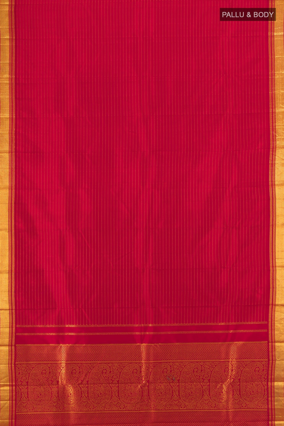 Flat view of Deep Red Kanjivaram Silk Saree with Stripes on the body and Zari Border. 