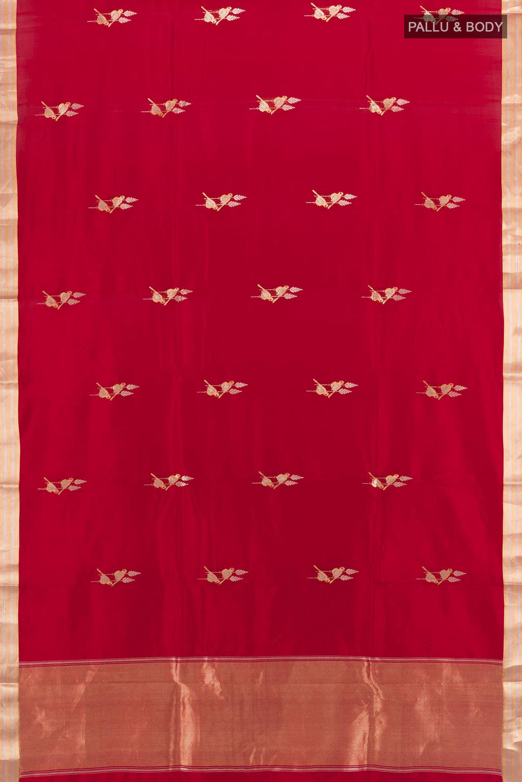 Flat view of Red Banarasi Katan Silk Saree with Zari Butta on the body and Silk Border. 