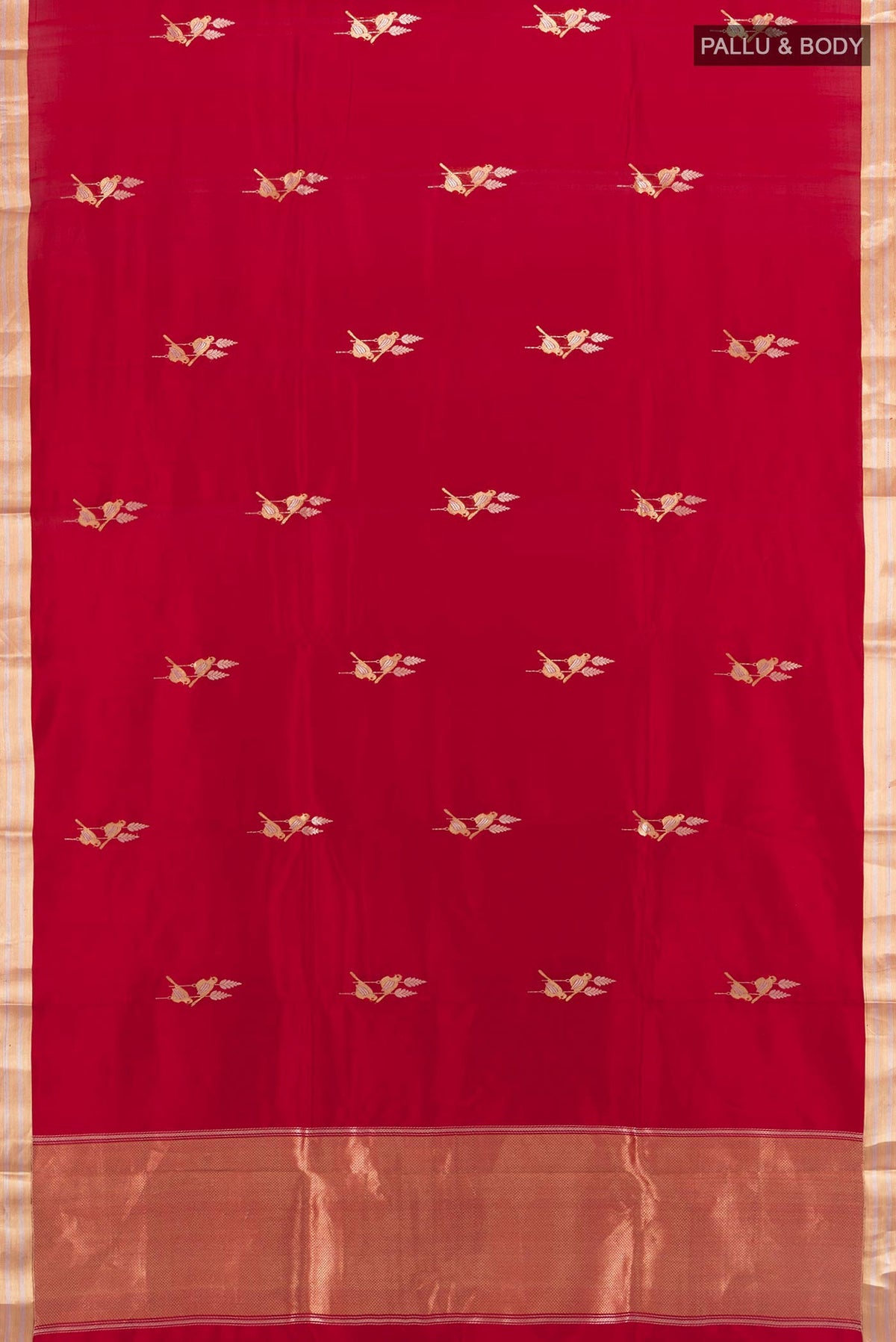 Flat view of Red Banarasi Katan Silk Saree with Zari Butta on the body and Silk Border. 
