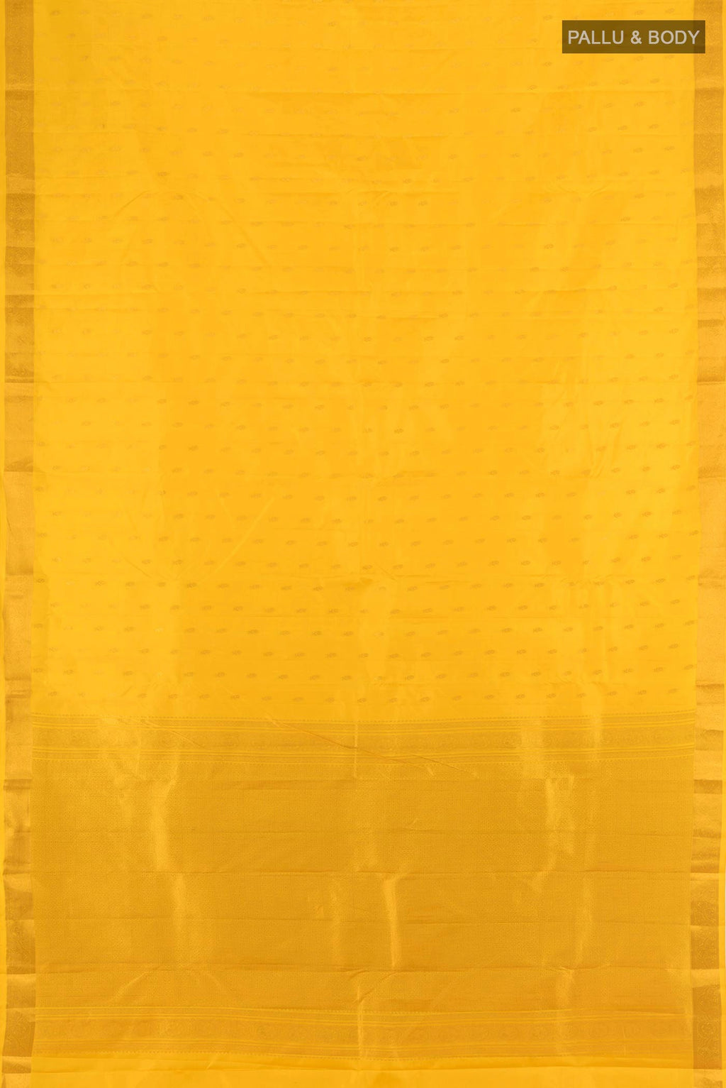 Flat view of Yellow Kanchipuram Silk Saree with Zari Butta on the body and Zari Border. 