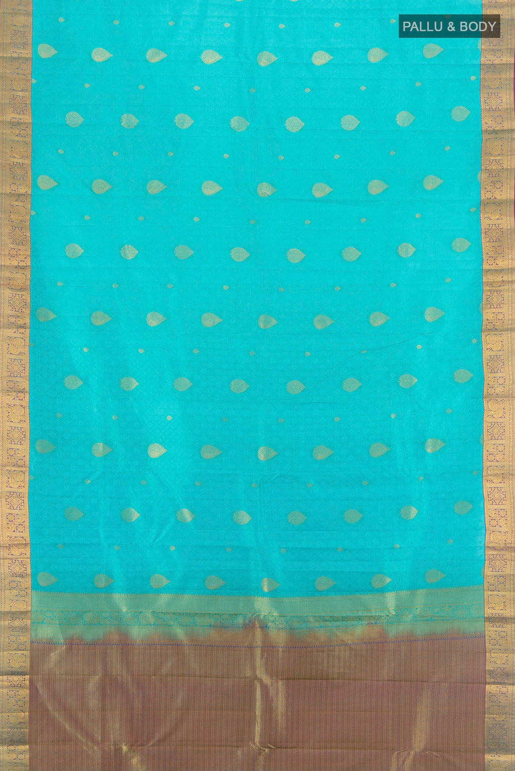 Flat view of Light Blue Kanchipuram Silk Saree with Jacquard With Zari Butta on the body and Zari Border. 