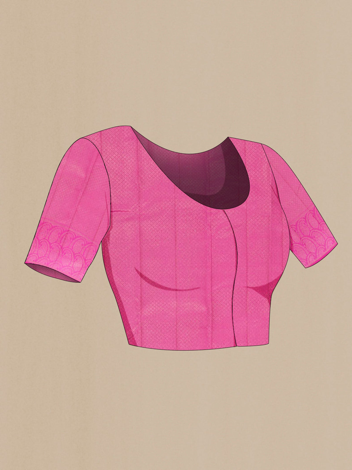 Close up image of the blouse of Rose Gold Kanchipuram Silk Saree with Zari Brocade on the body and Zari Border. 