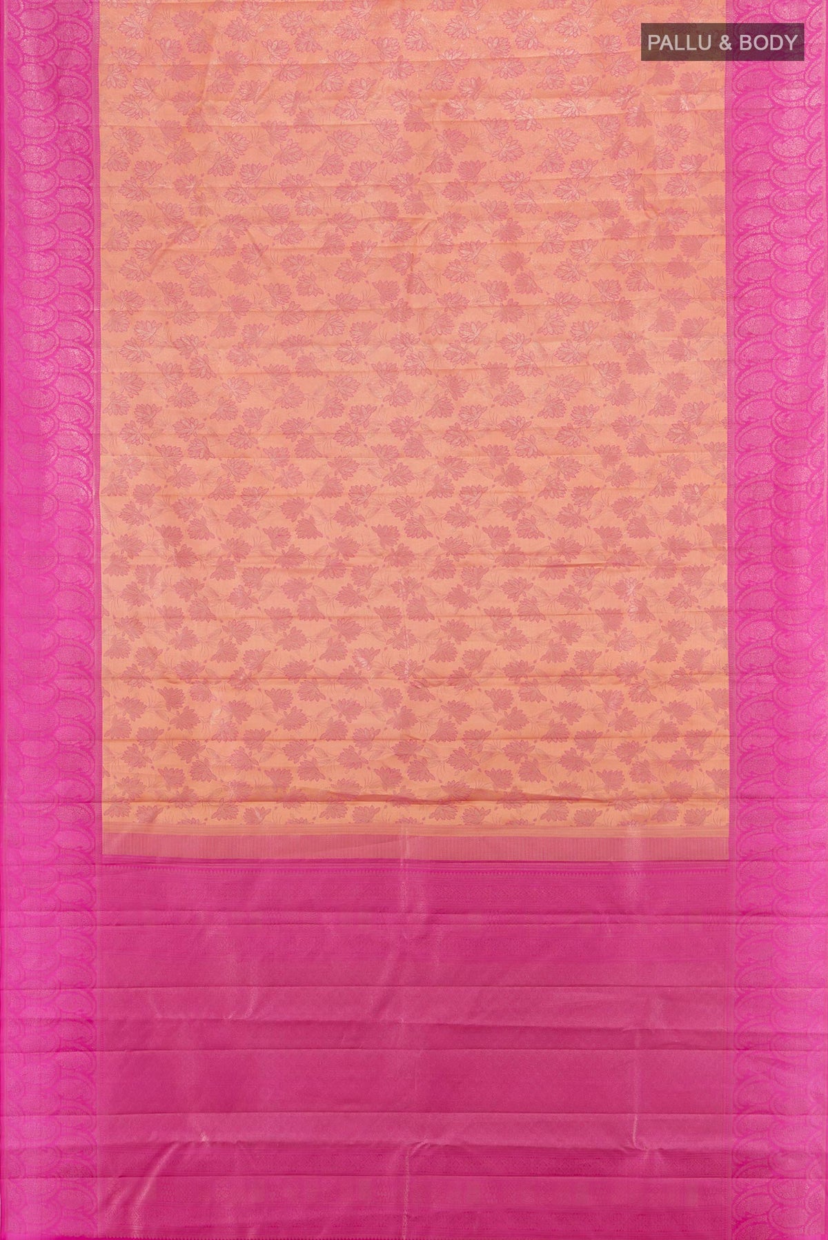 Flat view of Rose Gold Kanchipuram Silk Saree with Zari Brocade on the body and Zari Border. 