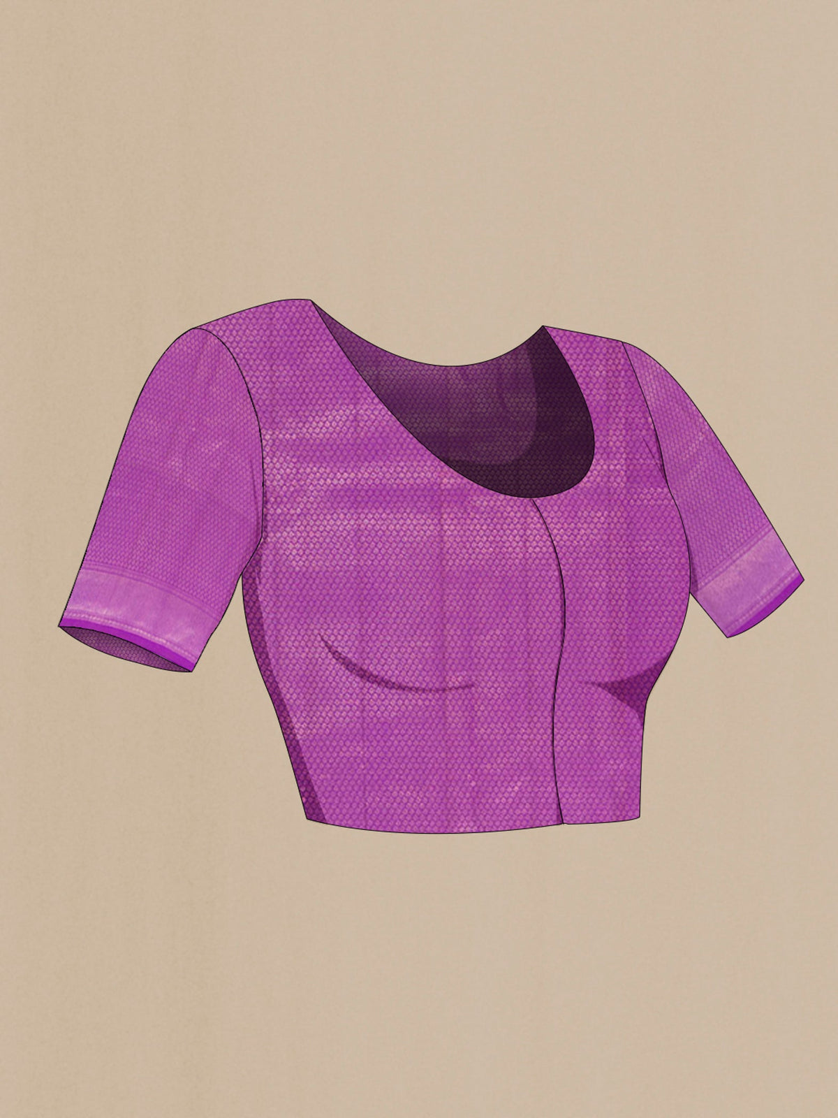 Close up image of the blouse of Violet Kanchipuram Silk Saree with Zari Brocade on the body and Zari Border. 