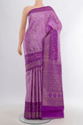 Violet Kanchipuram Silk Saree with Zari Brocade on the body and Zari Border.  displayed on a mannequin