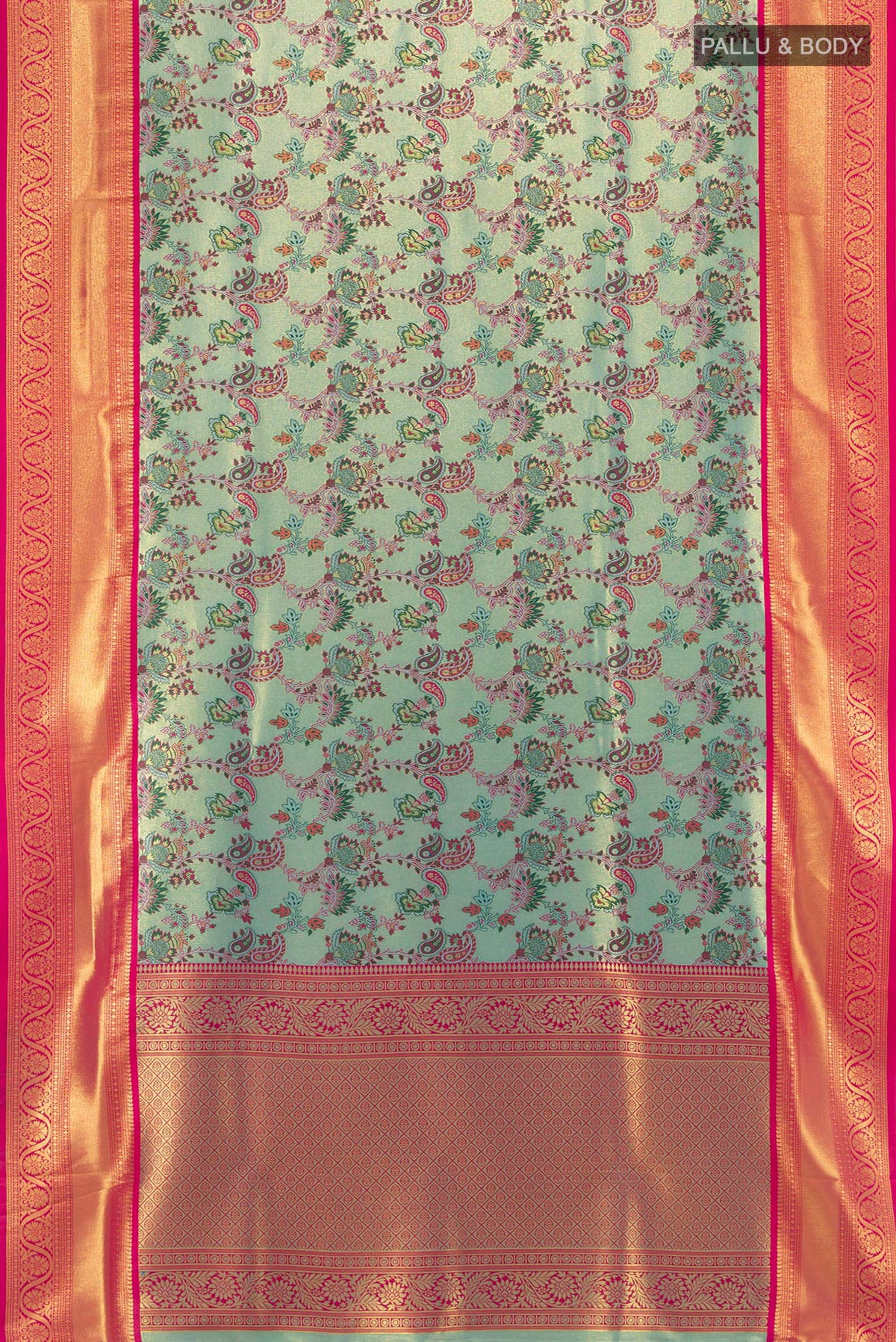 Flat view of Light Blue Art Silk Saree with Zari Butta on the body and Zari Border. 