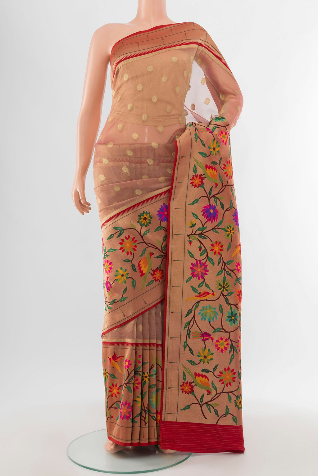Multi Color Banarasi Silk Saree with Zari Butta on the body and Silk Border.  displayed on a mannequin