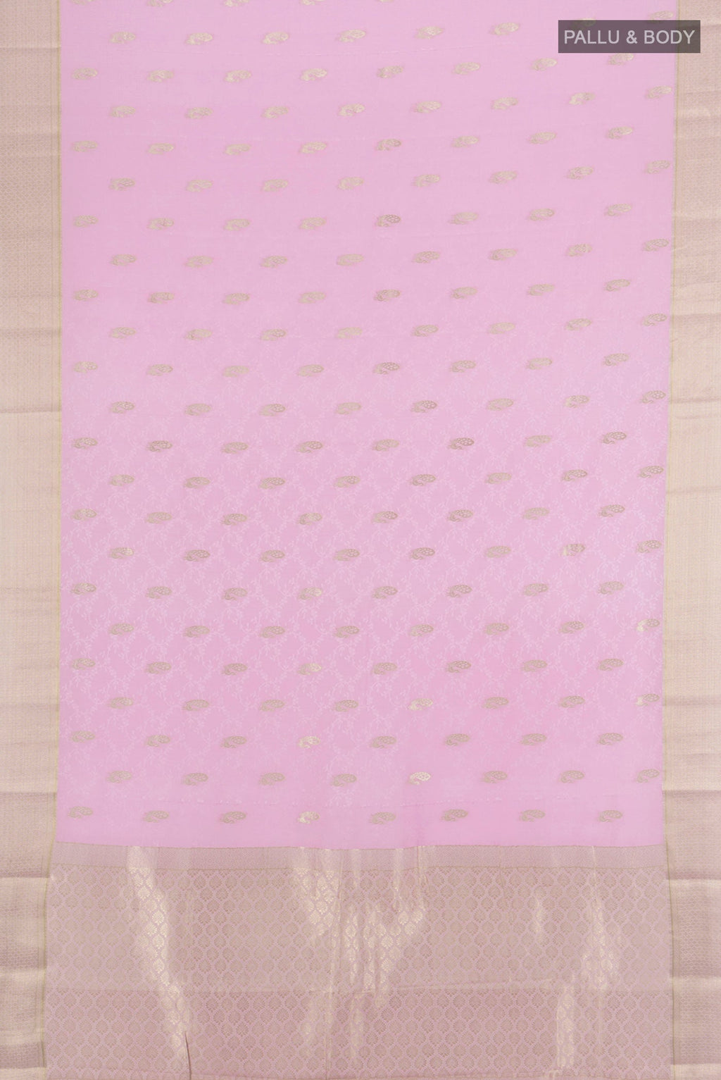 Flat view of Rose pink Mysore Crepe Saree with Jacquard With Zari Butta on the body and Zari Border. 