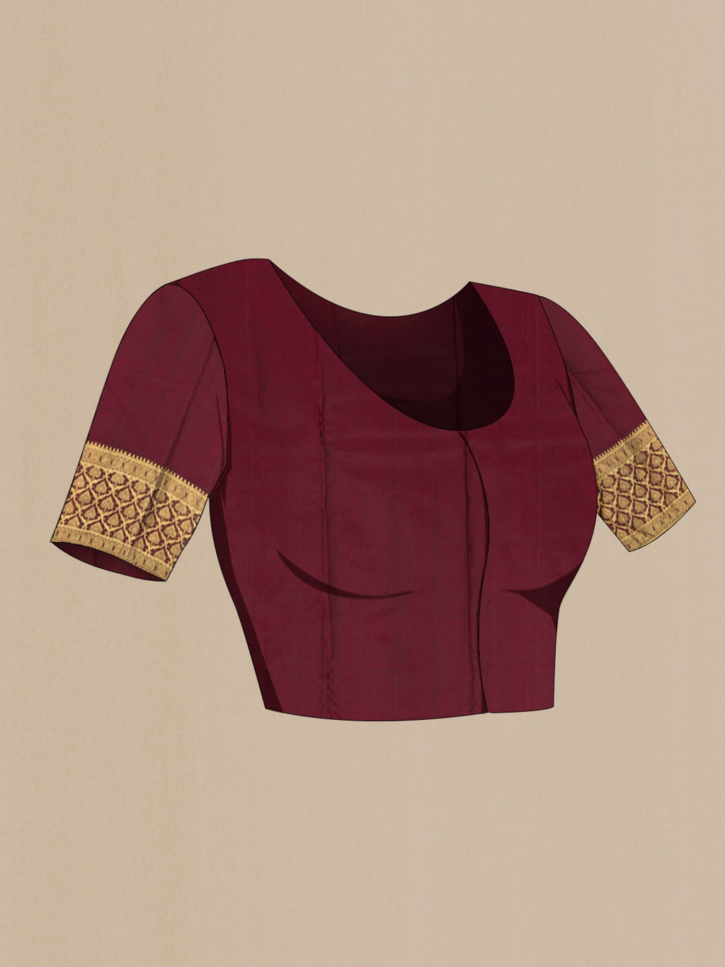 Close up image of the blouse of Maroon Kanjivaram Silk Saree with Thread Butta on the body and Zari Border. 