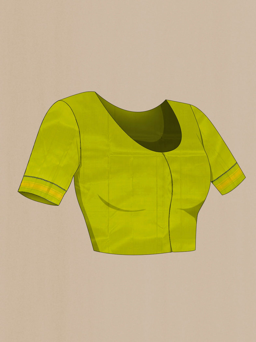 Close up image of the blouse of Light Green Kanjivaram Silk Saree with Plain Body and Zari Border. 