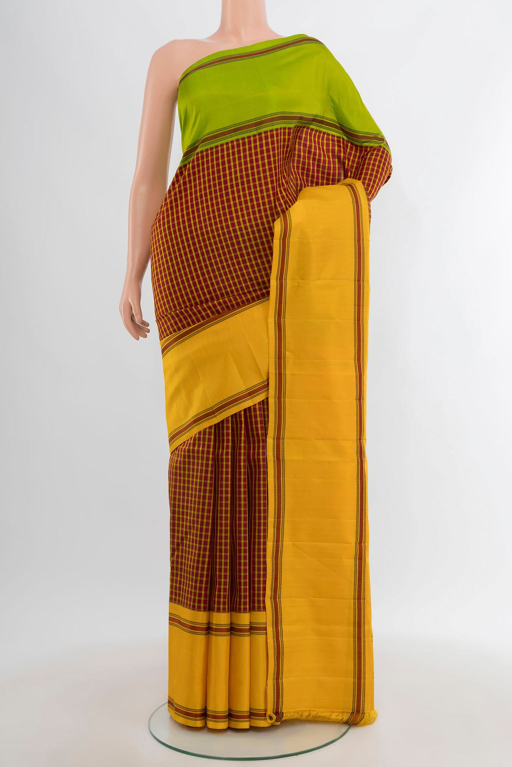 Maroon Kanchipuram Silk Saree with Checked design on the body and Thread Border.  displayed on a mannequin
