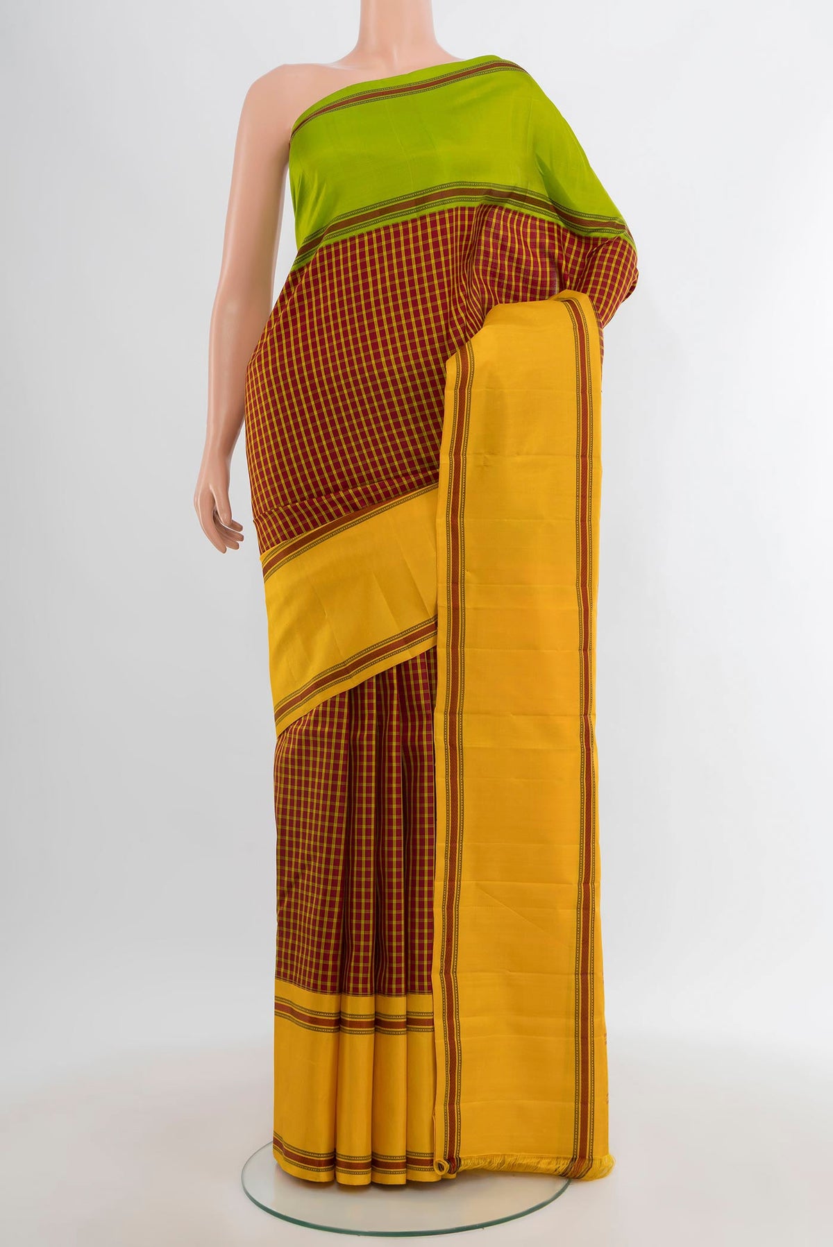Maroon Kanchipuram Silk Saree with Checked design on the body and Thread Border.  displayed on a mannequin