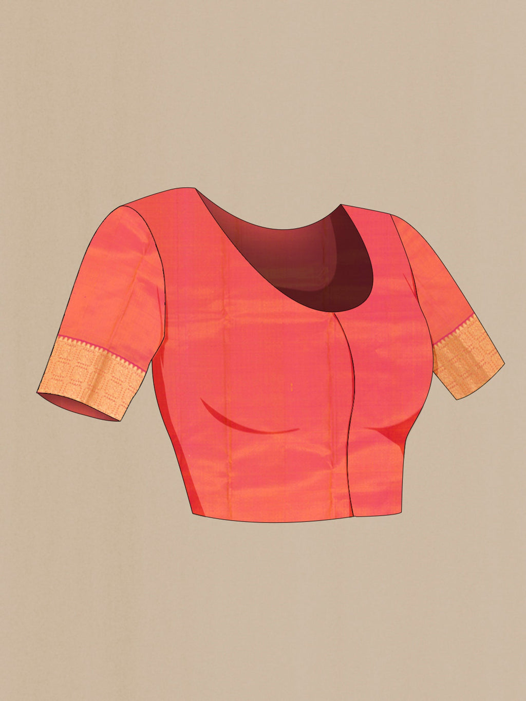 Close up image of the blouse of Mustard Kanchipuram Silk Saree with Stripes on the body and Zari Border. 