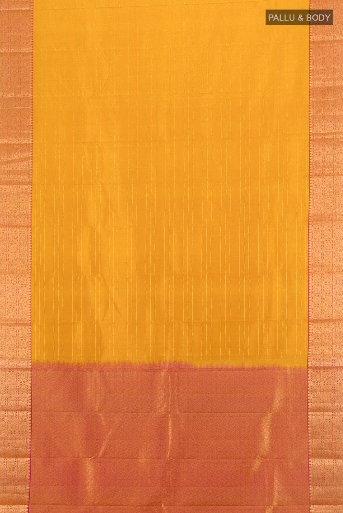 Flat view of Mustard Kanchipuram Silk Saree with Stripes on the body and Zari Border. 