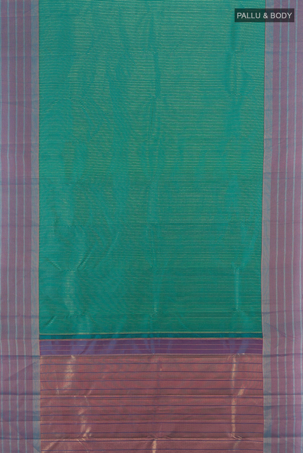 Flat view of Sea Green Kanchipuram Silk Saree with Stripes on the body and Zari Border. 