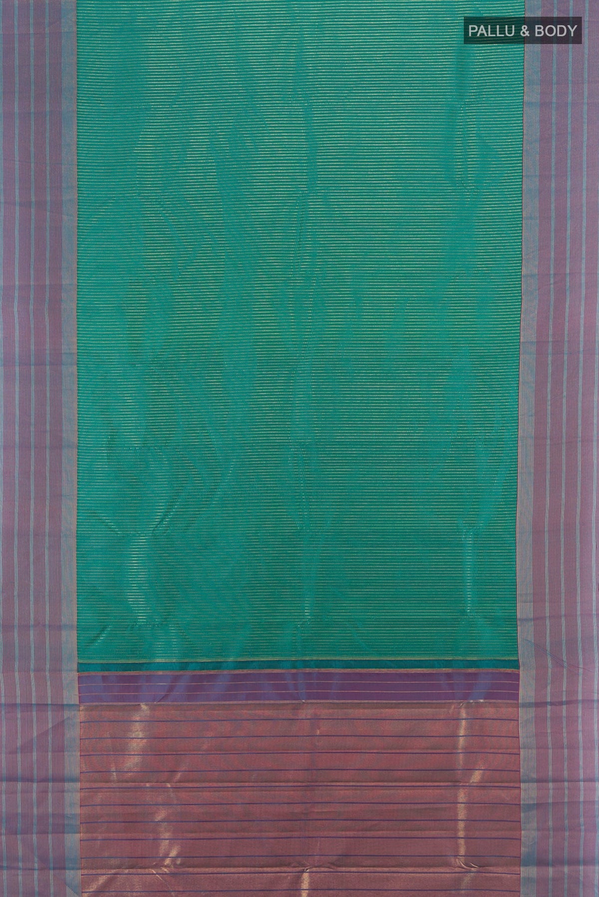 Flat view of Sea Green Kanchipuram Silk Saree with Stripes on the body and Zari Border. 