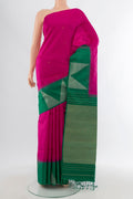 Rani Pink Soft Silk Saree with Zari Butta on the body and Fancy Border.  displayed on a mannequin