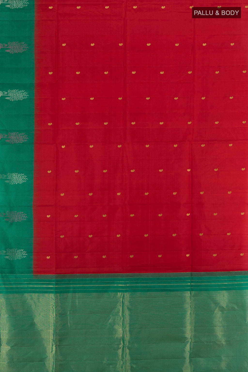 Flat view of Red Soft Silk Saree with Zari Butta on the body and Fancy Border. 
