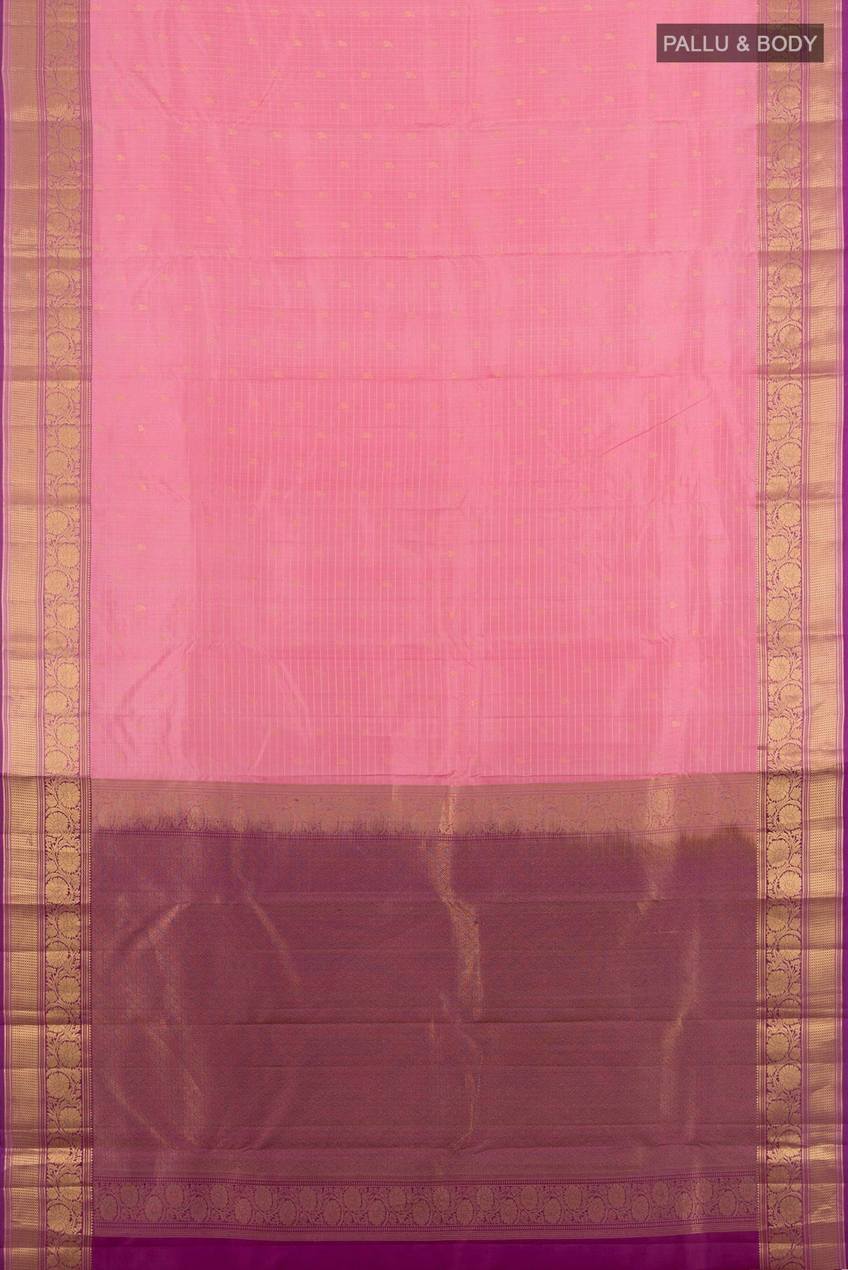 Flat view of Rose pink Kanchipuram Silk Saree with Checked design on the body and Zari Border. 