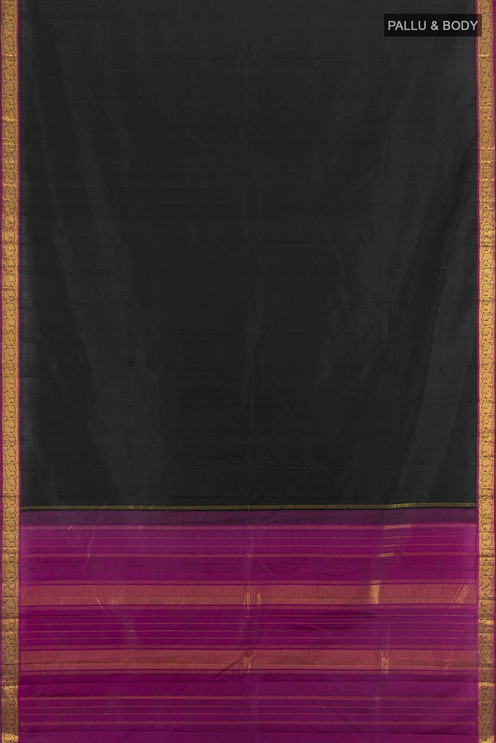 Flat view of Black Kanjivaram Silk Saree with Plain Body and Zari Border. 