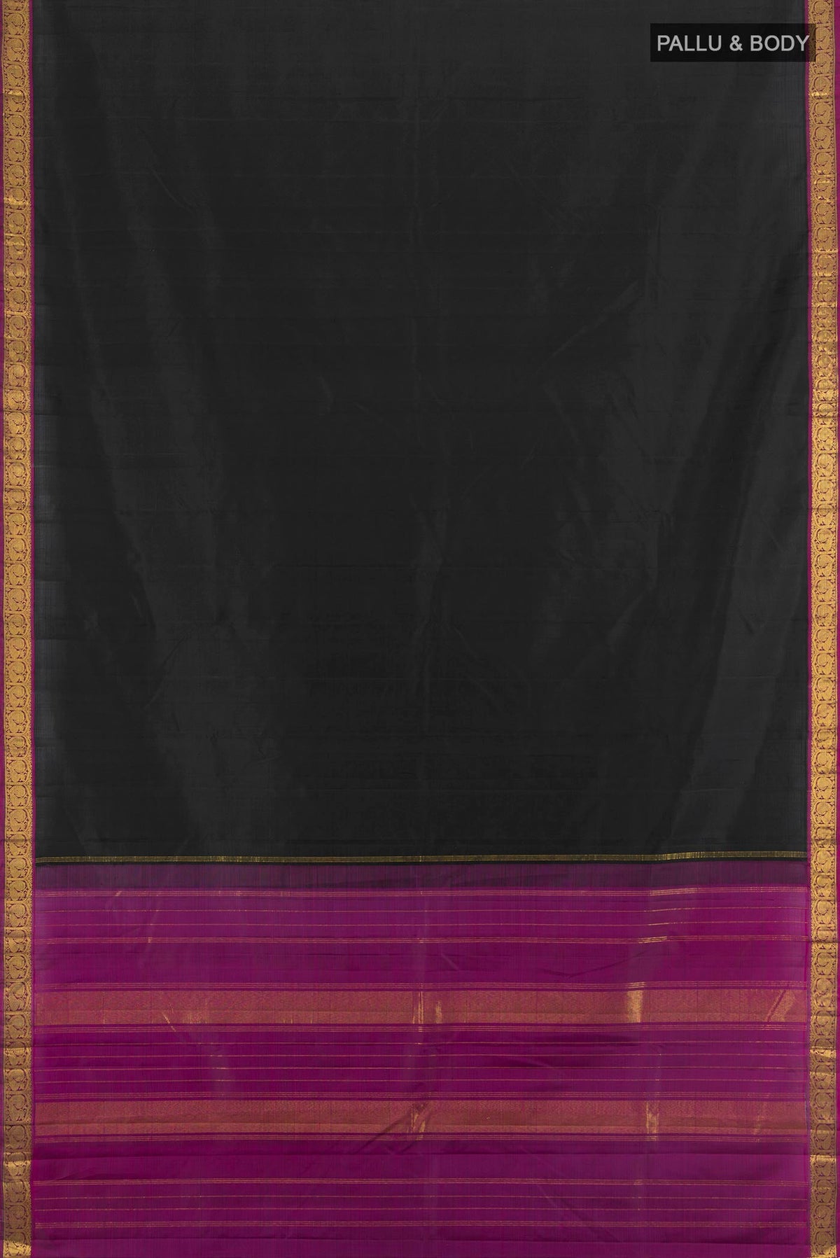 Flat view of Black Kanjivaram Silk Saree with Plain Body and Zari Border. 