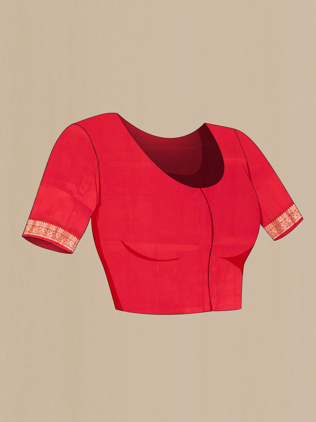 Close up image of the blouse of Red Banarasi Raw Silk Saree with Zari Butta on the body and Zari Border. 