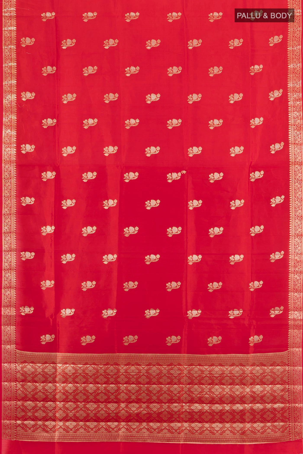 Flat view of Red Banarasi Raw Silk Saree with Zari Butta on the body and Zari Border. 