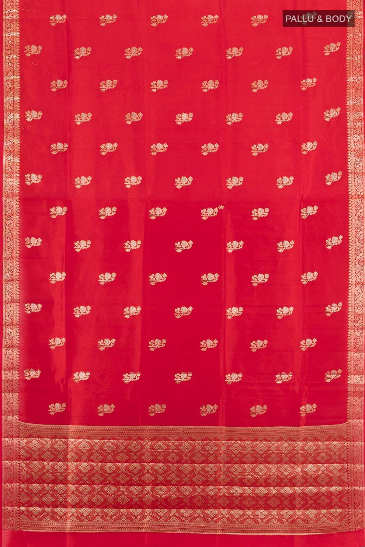 Flat view of Red Banarasi Raw Silk Saree with Zari Butta on the body and Zari Border. 