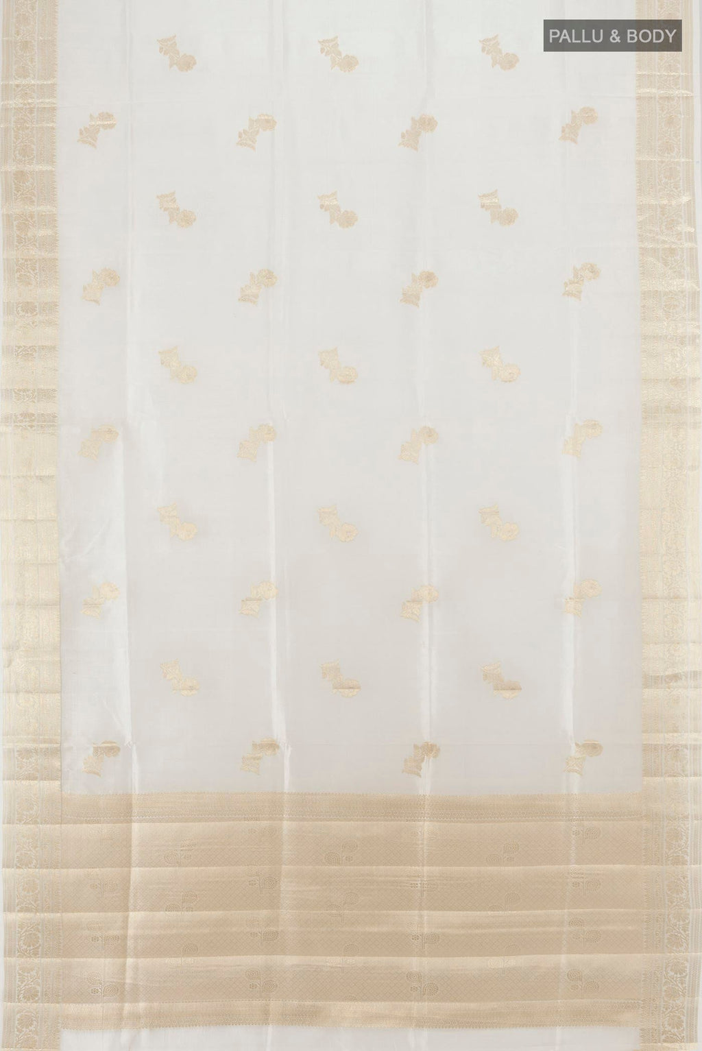 Flat view of White Banarasi Raw Silk Saree with Zari Butta on the body and Zari Border. 