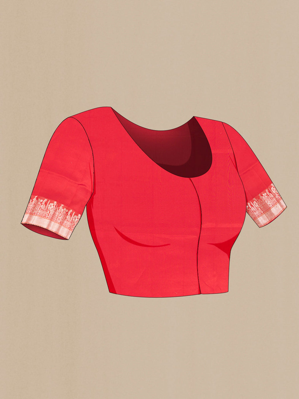 Close up image of the blouse of Red Banarasi Raw Silk Saree with Zari Butta on the body and Zari Border. 