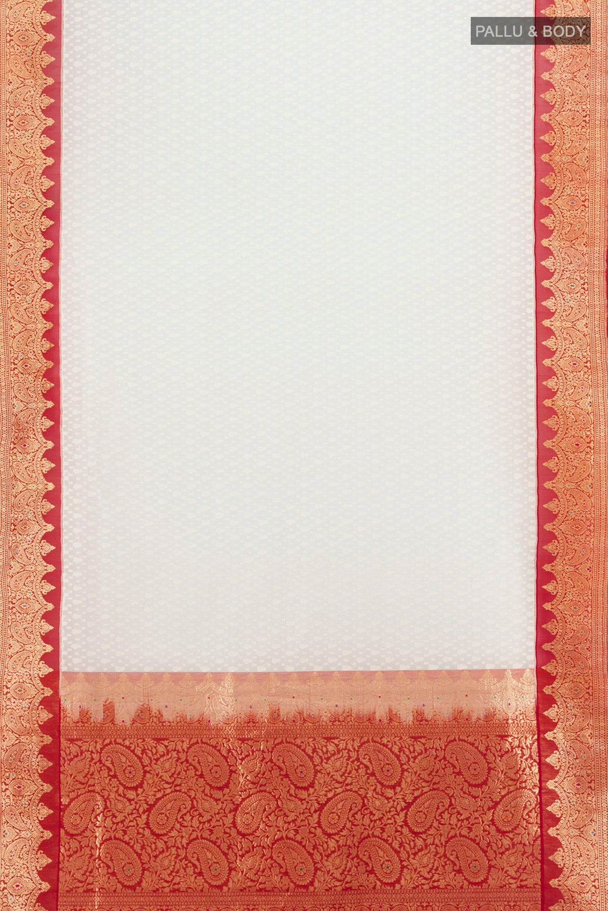 Flat view of Off White Banarasi Kora Silk Saree with Jacquard design on the body and Zari Border. 