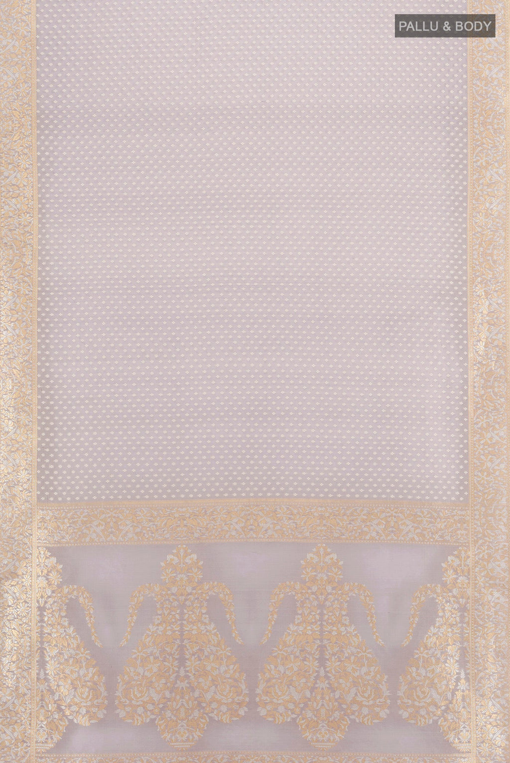 Flat view of Lilac Banarasi Kora Silk Saree with Zari Butta on the body and Zari Border. 
