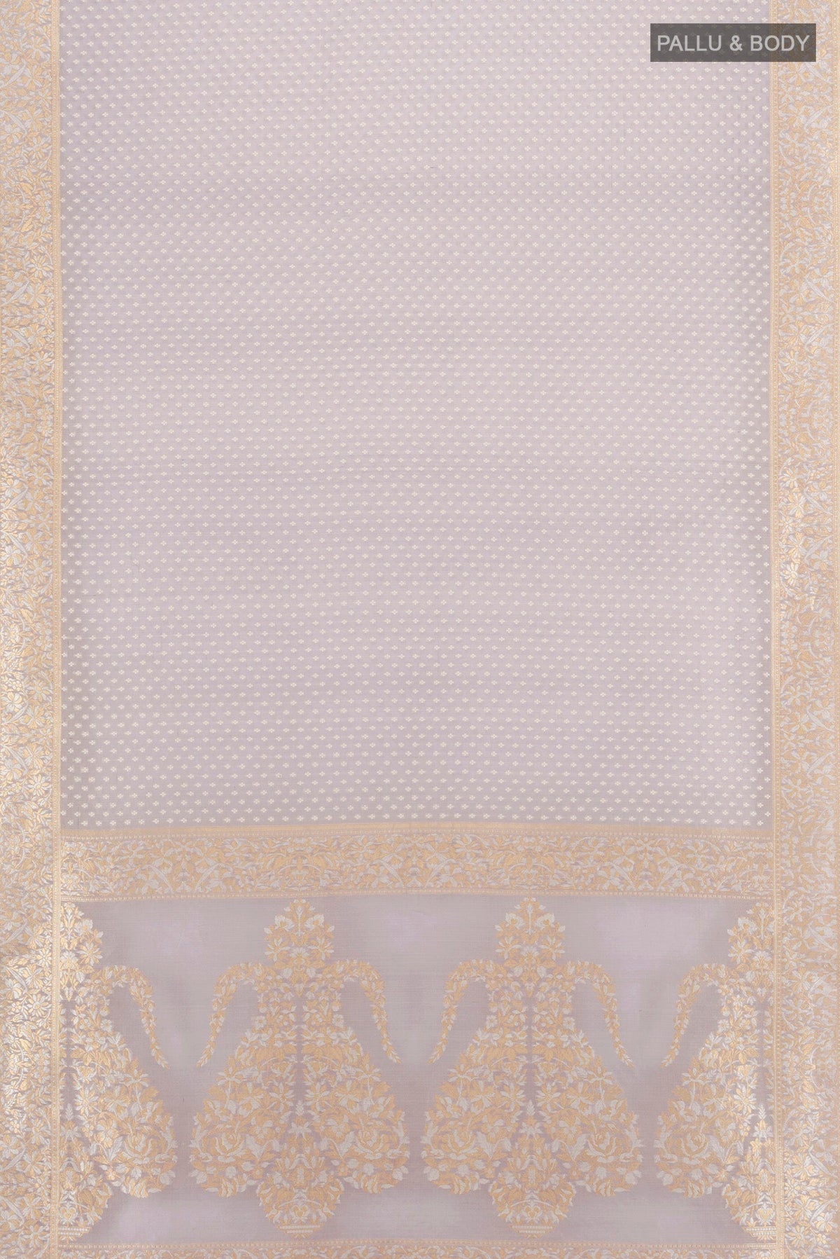 Flat view of Lilac Banarasi Kora Silk Saree with Zari Butta on the body and Zari Border. 