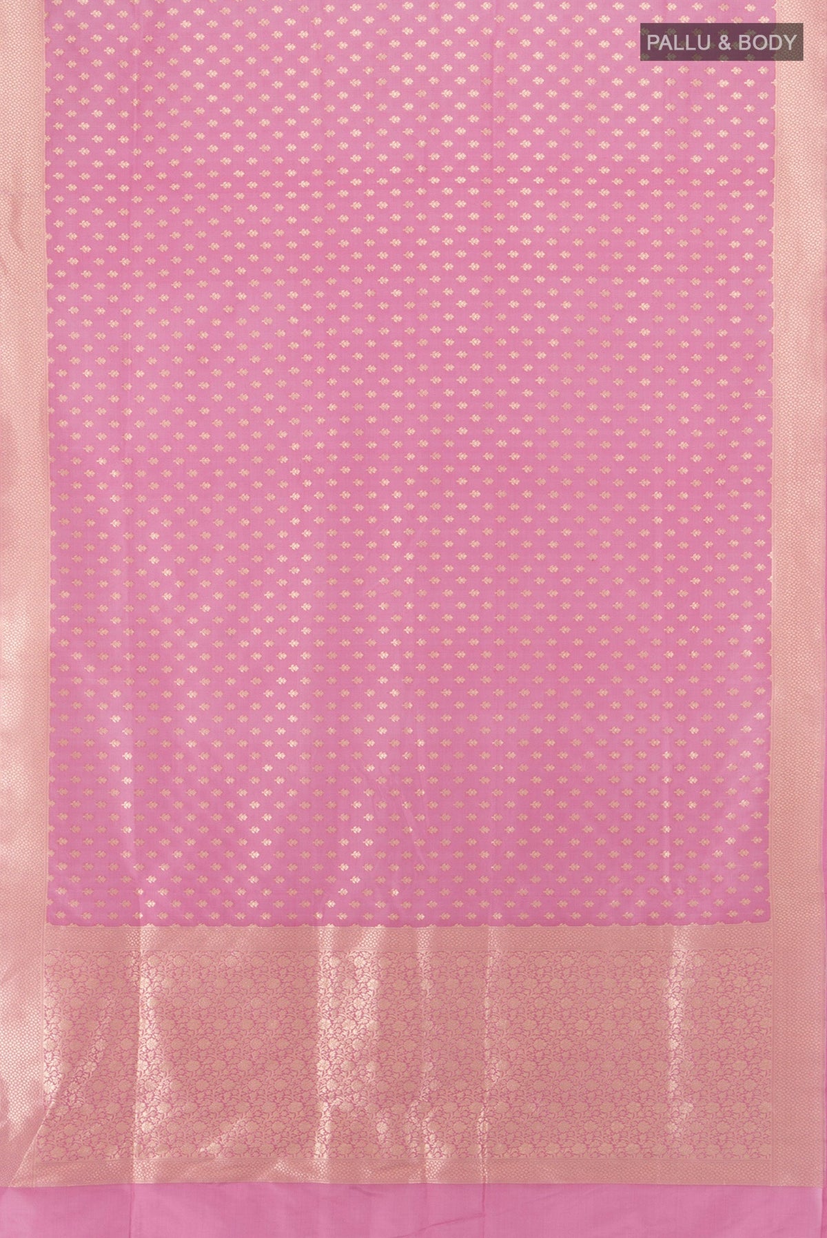 Flat view of Pink Banarasi Silk Saree with Zari Butta on the body and Zari Border. 
