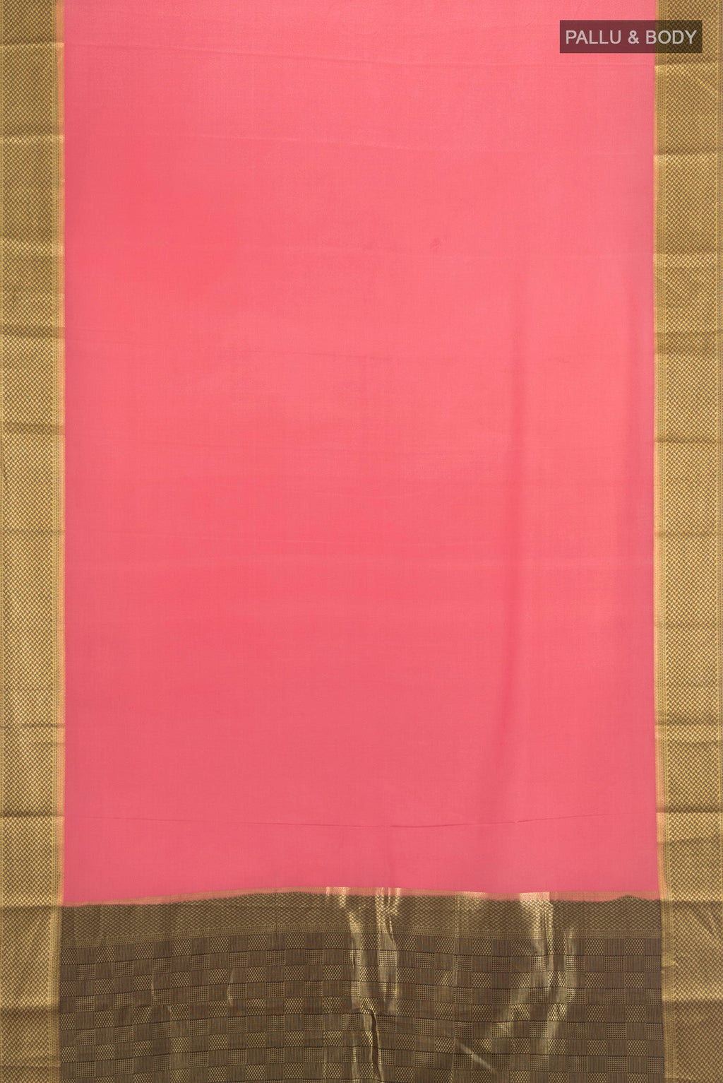Flat view of Rose pink Mysore Crepe Saree with Plain Body and Zari Border. 
