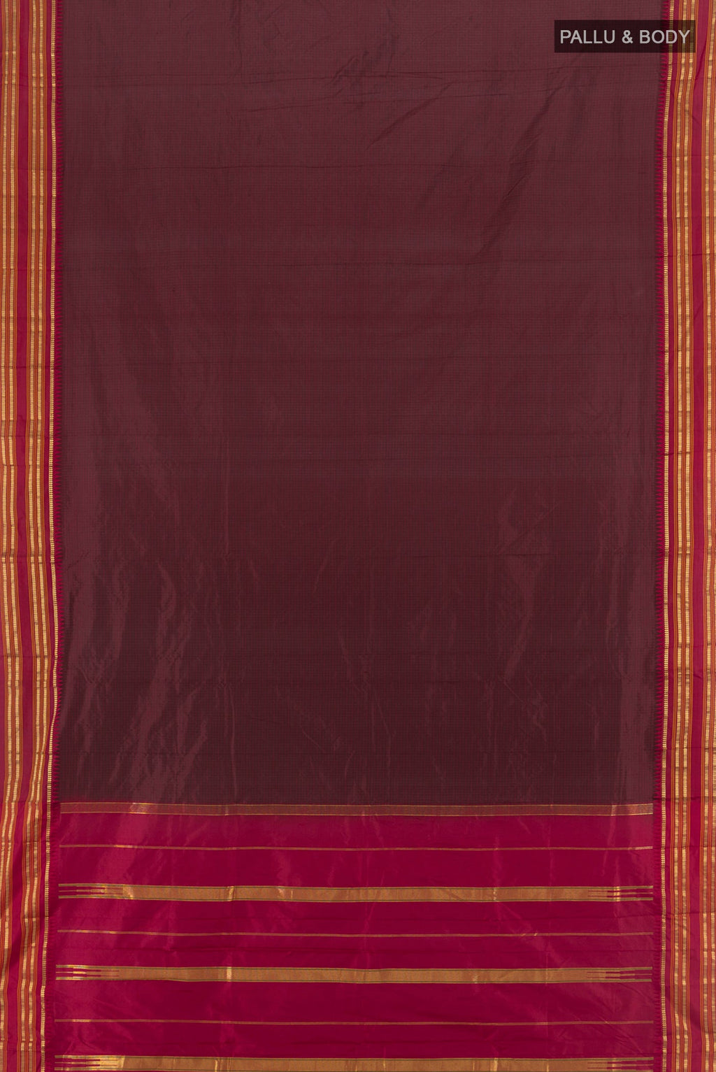 Flat view of Coffee Brown Narayanpet Silk Saree with Checked design on the body and Zari Border. 