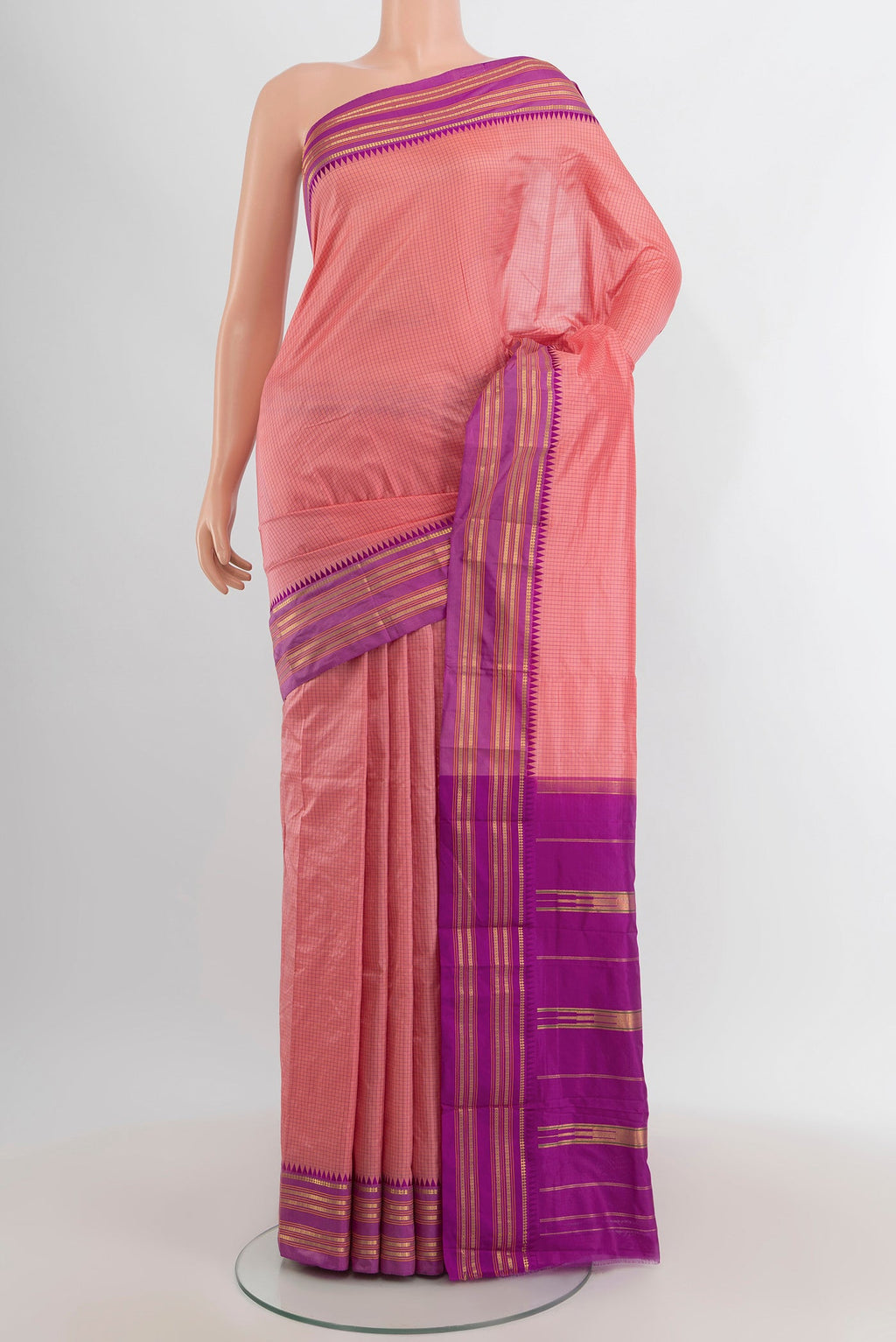 Rose pink Narayanpet Silk Saree with Checked design on the body and Zari Border.  displayed on a mannequin
