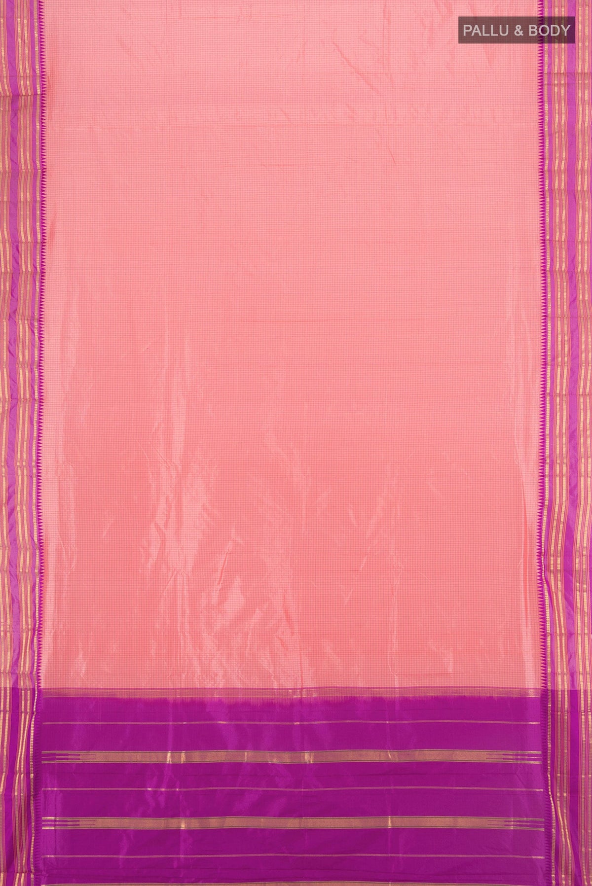 Flat view of Rose pink Narayanpet Silk Saree with Checked design on the body and Zari Border. 