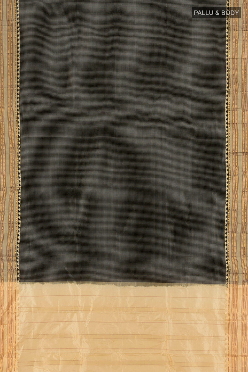Flat view of Black Narayanpet Silk Saree with Checked design on the body and Zari Border. 