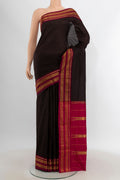 Coffee Brown Narayanpet Silk Saree with Checked design on the body and Zari Border.  displayed on a mannequin
