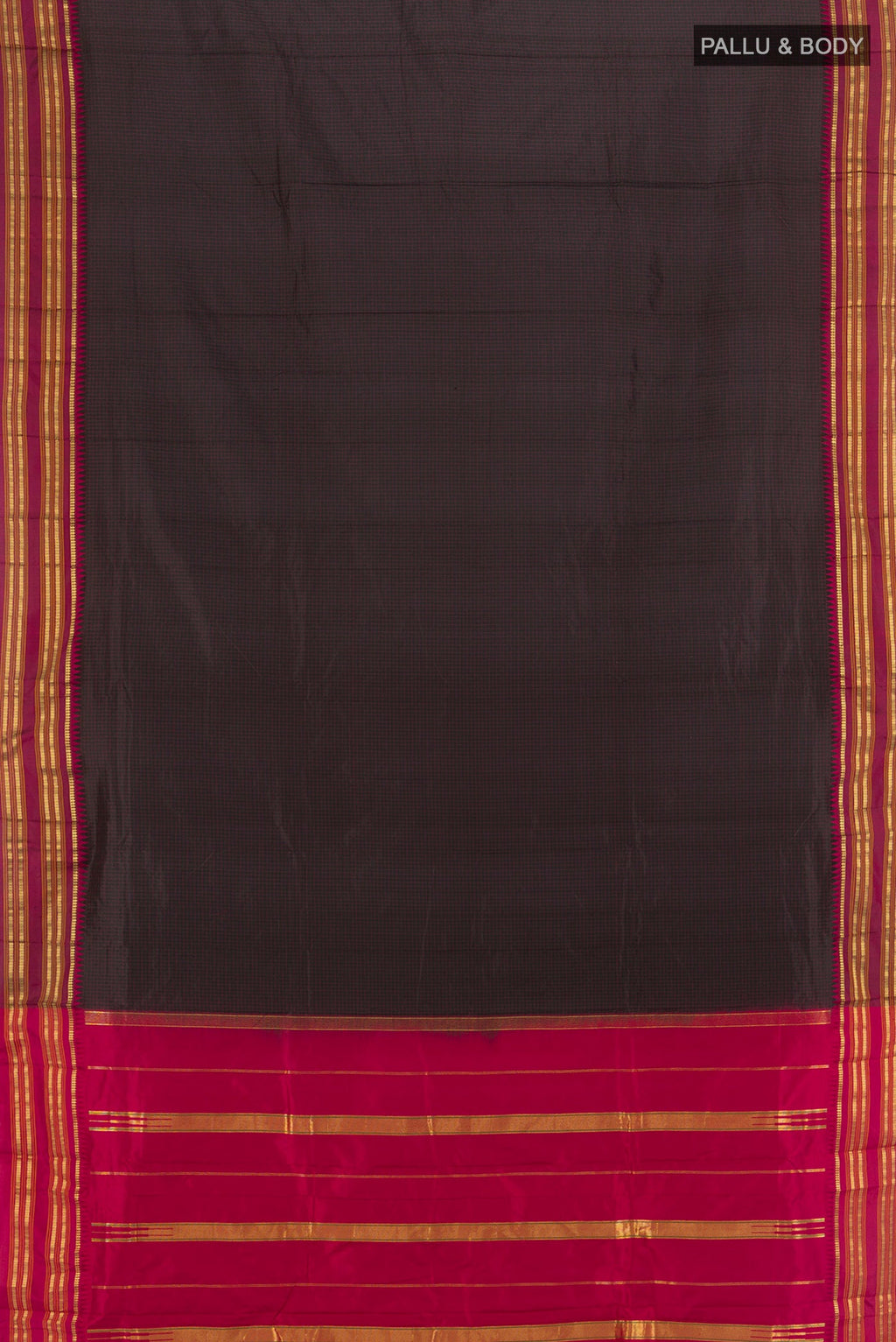 Flat view of Coffee Brown Narayanpet Silk Saree with Checked design on the body and Zari Border. 
