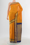 Yellow Narayanpet Silk Saree with Checked design on the body and Zari Border.  displayed on a mannequin