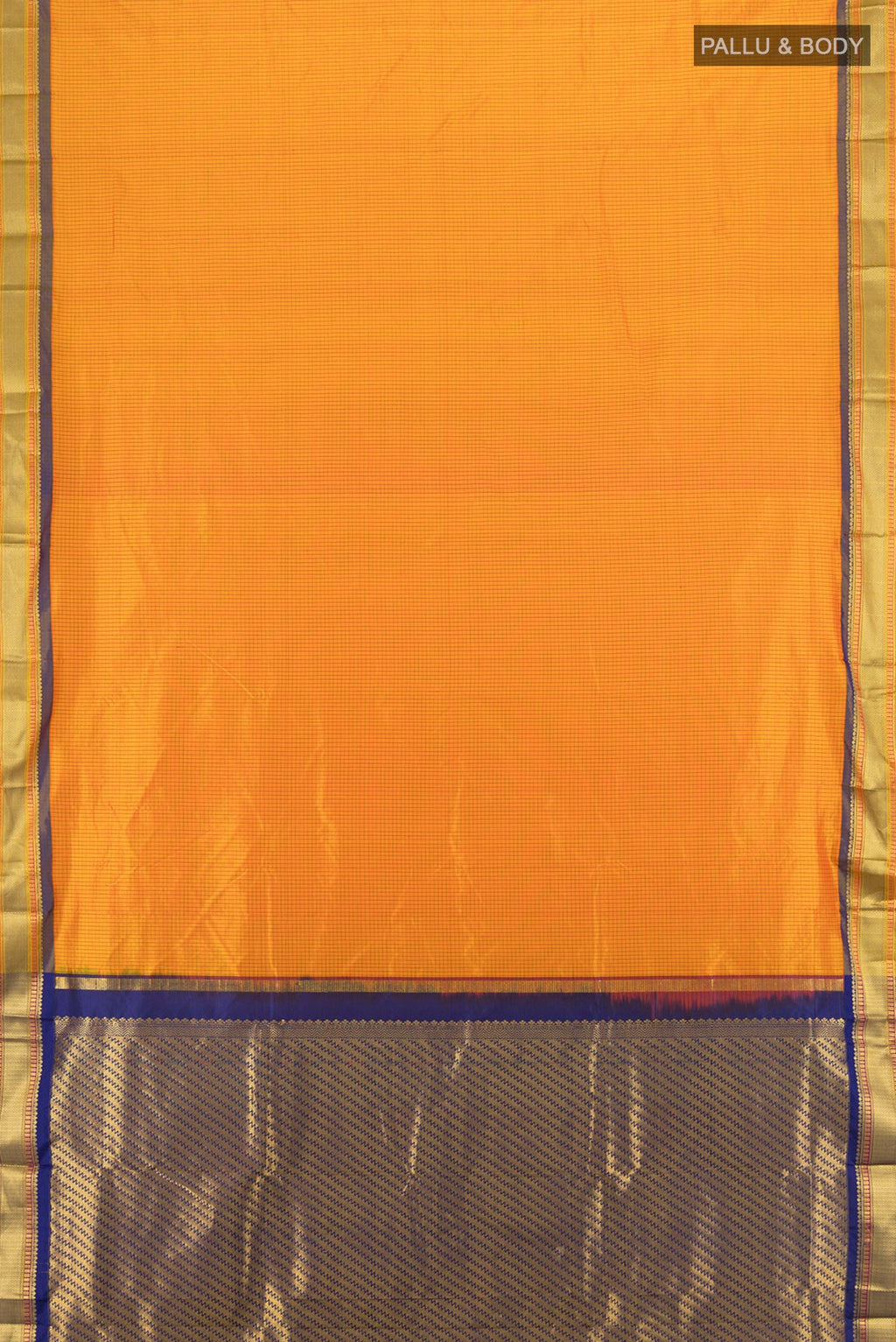 Flat view of Yellow Narayanpet Silk Saree with Checked design on the body and Zari Border. 