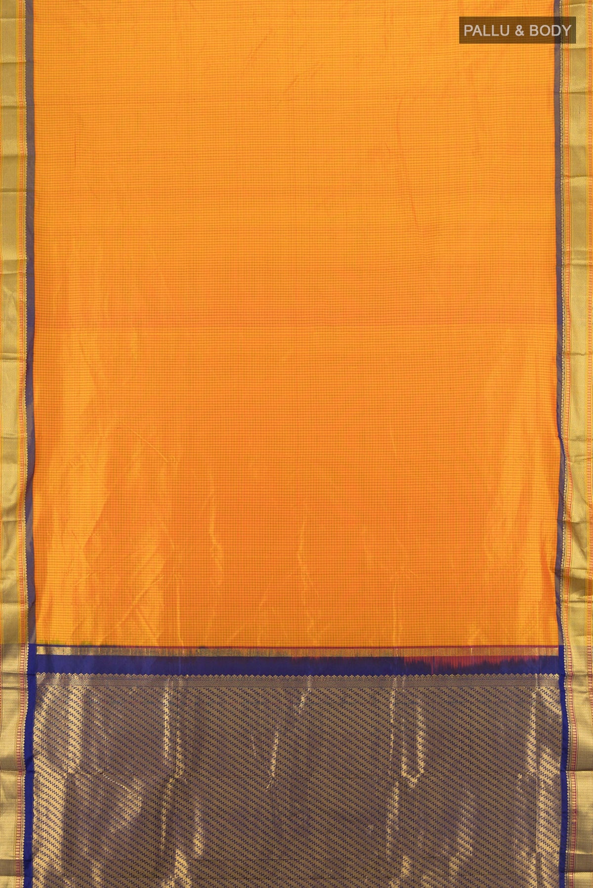 Flat view of Yellow Narayanpet Silk Saree with Checked design on the body and Zari Border. 